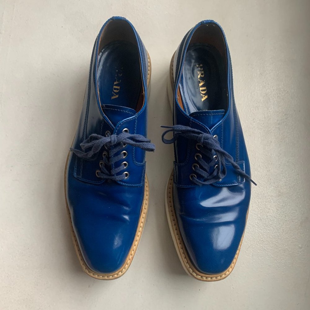 Prada Womens lace up patent leather blue platform shoes size EU 38.5